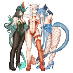 Rule 34 | 3girls, arknights, arm around shoulder, arm tattoo, arm up, black collar, black footwear, black hair, black pantyhose, blue eyes, blue footwear, blue hair, blue leotard, bow, bowtie, braid, collar, colored skin, detached collar, dragon girl, dragon horns, dragon tail, dusk (arknights), earrings, fishnet pantyhose, fishnets, flame-tipped tail, full body, green leotard, green skin, groin, hand up, high heels, highres, horns, jewelry, leotard, ling (arknights), long hair, multiple girls, naixorth, navel, necktie, nian (arknights), nontraditional playboy bunny, one eye closed, pantyhose, pointy ears, purple eyes, red bow, red bowtie, red footwear, red leotard, red necktie, red skin, red thighhighs, see-through, see-through leotard, simple background, single thighhigh, standing, strapless, strapless leotard, tail, tassel, tassel earrings, tattoo, thigh strap, thighhighs, undone collar, v, very long hair, white background, white hair, yellow necktie