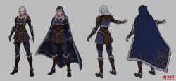 Rule 34 | 1girl, armor, ashe (league of legends), blue cape, blue skirt, blue thighhighs, braid, cape, collarbone, from behind, full body, fur-trimmed cape, fur trim, grey background, grey hair, highres, hood, hood up, league of legends, leather armor, loiza, medium hair, multiple views, riot games, shoes, shoulder plates, simple background, skirt, standing, thighhighs