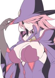 Rule 34 | 1girl, 212 (kisaragi), bad id, bad pixiv id, bare shoulders, black gloves, blazblue, blazblue: central fiction, breasts, cape, center opening, cleavage, colored eyelashes, detached collar, detached sleeves, dress, elbow gloves, female focus, flat color, from side, gloves, hair over one eye, hand on headwear, hand up, hat, highres, konoe a. mercury, large breasts, long hair, long sleeves, looking to the side, phantom (blazblue), pink hair, purple dress, sideboob, simple background, solo, strapless, strapless dress, swept bangs, turtleneck, upper body, white background, wide sleeves, witch hat, yellow eyes