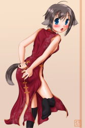 Rule 34 | 1girl, animal ears, black socks, blue eyes, blush, brown hair, china dress, chinese clothes, clothing cutout, collar, dog ears, dog tail, dress, highres, holding, holding with tail, kneehighs, looking back, original, prehensile tail, shiukichi, socks, solo, surprised, tail, tail through clothes