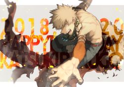 Rule 34 | 1boy, text background, bakugou katsuki, bead necklace, beads, belt, blonde hair, boku no hero academia, brown belt, burnt clothes, character name, detached sleeves, fire, foreshortening, grey background, happy birthday, jewelry, looking at viewer, male focus, maneki-neko (fujifuji), multiple necklaces, necklace, open mouth, red eyes, solo, sparks, spiked hair, teeth, topless male