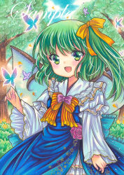 Rule 34 | 1girl, :d, blue dress, blue sky, bow, bowtie, bug, butterfly, cowboy shot, daiyousei, day, dress, fairy wings, flower, frilled bowtie, frilled shirt collar, frills, glowing butterfly, green eyes, green hair, green theme, hair ribbon, insect, juliet sleeves, layered clothes, long sleeves, looking at viewer, marker (medium), medium hair, open mouth, orange bow, orange bowtie, orange ribbon, outdoors, puffy sleeves, purple flower, ribbon, rui (sugar3), sample watermark, sky, smile, solo, touhou, traditional media, tree, watermark, wide sleeves, wings