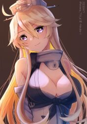Rule 34 | 1girl, ahoge, blonde hair, blue eyes, breasts, brown background, front-tie top, haruka faraway716, headgear, highres, iowa (kancolle), kantai collection, large breasts, leaning to the side, long hair, one-hour drawing challenge, simple background, smile, solo, star-shaped pupils, star (symbol), symbol-shaped pupils, upper body