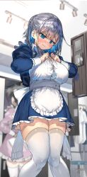 Rule 34 | 2girls, absurdres, adjusting clothes, adjusting shirt, apron, blue bra, blue eyes, blue hair, blush, bra, breasts, closed mouth, colored inner hair, commentary request, grey hair, highres, indoors, large breasts, long sleeves, maid, maid apron, multicolored hair, multiple girls, original, ranf, shirt, short hair, standing, thighhighs, thighs, two-tone hair, underwear, white apron, white thighhighs, zettai ryouiki