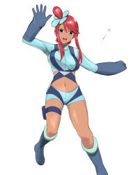 Rule 34 | 1girl, :d, arm up, belt, blue belt, blue eyes, blue footwear, blue gloves, blue jacket, blue shorts, blush, boots, bouncing breasts, breasts, clenched hand, commentary request, creatures (company), crop top, dark-skinned female, dark skin, full body, game freak, gloves, gym leader, hair between eyes, hair ornament, heart, highres, holster, jacket, knee boots, large breasts, long hair, looking at viewer, midriff, navel, nintendo, nishikino kee, open hand, open mouth, pilot suit, pokemon, pokemon bw, pouch, red hair, short shorts, shorts, sidelocks, simple background, skyla (pokemon), smile, solo, standing, standing on one leg, swept bangs, tan, taut clothes, teeth, thigh holster, thigh pouch, thigh strap, upper teeth only, white background