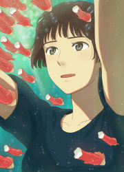 Rule 34 | 00s, black shirt, blouse, brown eyes, brown hair, bubble, gake no ue no ponyo, jas (littlecrime), lisa (ponyo), open mouth, outstretched arms, ponyo sisters, portrait, shirt, short hair, solo, studio ghibli, underwater