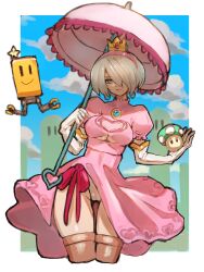 1girl 1up_mushroom 2b_(nier:automata) blue_eyes breasts cameltoe cleavage cleavage_cutout clothing_cutout cosplay crossover crown dress earrings expressionless gloves hair_over_one_eye jewelry leotard lipstick looking_at_viewer makeup mario_(series) nier:automata nier_(series) pink_dress princess_peach square_enix standing super_mario_bros._1 super_princess_peach thigh_gap umbrella upskirt