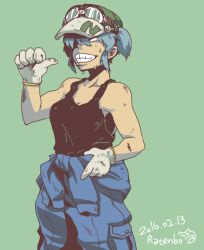 Rule 34 | 1girl, artist name, bare shoulders, blue hair, camisole, collarbone, cowboy shot, dated, gloves, goggles, goggles on headwear, green background, grin, hair bobbles, hair ornament, hair over one eye, hat, jumpsuit, kawashiro nitori, looking at viewer, overalls, pointing, pointing at self, ratenbo, simple background, smile, solo, standing, sweat, teeth, touhou, two side up