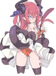 Rule 34 | 1girl, argyle, armor, ass, bare shoulders, bikini armor, black thighhighs, blade (galaxist), blue eyes, blush, breasts, clothes lift, cowboy shot, dragon girl, dragon tail, elizabeth bathory (brave) (fate), elizabeth bathory (fate), elizabeth bathory (first ascension) (fate), fate/grand order, fate (series), frilled skirt, frills, from behind, horn ornament, horns, lifting own clothes, lifted by tail, long hair, looking at viewer, looking back, loose clothes, pink hair, pointy ears, simple background, skindentation, skirt, skirt lift, small breasts, solo, standing, tail, tail wrap, thighhighs, white background