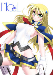 Rule 34 | 1girl, belt, blazblue, blonde hair, blush, breasts, cape, character name, covered erect nipples, female focus, green eyes, gun, highres, large breasts, legs, long hair, looking at viewer, midriff, necktie, noel vermillion, sakura ryuuken, serious, simple background, skirt, sleeveless, solo, standing, thighs, weapon, white background