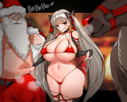 Rule 34 | 1girl, 2boys, areola slip, azur lane, bare shoulders, beard, bikini, bikini pull, boots, breasts, bulge, cameltoe, christmas, cleft of venus, clothes pull, cowboy shot, curvy, elbow gloves, erection, erection under clothes, facial hair, fat, fat man, formidable (azur lane), gloves, grey hair, hair ribbon, huge breasts, imminent penetration, licking lips, micro bikini, multiple boys, red eyes, reindeer, ribbon, santa claus, shiny skin, skindentation, swimsuit, thick thighs, thigh boots, thighhighs, thighs, tongue, tongue out, twintails, wide hips, yeong r6