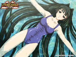 Rule 34 | 1girl, afloat, armpits, black hair, breasts, cleavage, dutch angle, female focus, grey eyes, kusanagi mikoto, long hair, one-piece swimsuit, outstretched arms, solo, spread arms, swimming, swimsuit, very long hair, wallpaper, water, wet, wrestle angels, wrestle angels survivor