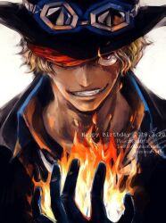 Rule 34 | 1boy, artist name, black gloves, black hat, blonde hair, dated, english text, fire, gloves, goggles, goggles on headwear, happy birthday, hat, hat over one eye, kamuna8046z, looking at viewer, male focus, one piece, pixiv id, sabo (one piece), scar, scar across eye, scar on face, short hair, simple background, solo, third-party source, top hat, twitter username, white background