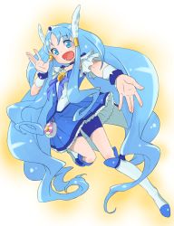 Rule 34 | 1girl, bike shorts, blue dress, blue eyes, blue hair, blue skirt, blue theme, boots, choker, color connection, cosplay, cure beauty, cure beauty (cosplay), cure marine, dress, full body, hair tubes, happy, head wings, heartcatch precure!, humiu, knee boots, kurumi erika, long hair, look-alike, outstretched hand, power connection, precure, shorts, shorts under skirt, skirt, smile precure!, tiara, wings, wrist cuffs, yellow background