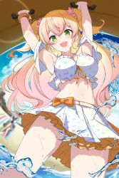 Rule 34 | 1girl, :d, arms up, beach, bikini, bikini skirt, blonde hair, blurry, blurry background, blush, bracelet, breasts, commentary request, day, double bun, flower, green eyes, hair bun, hair flower, hair ornament, highres, hololive, hololive summer 2022 swimsuit, jewelry, large breasts, long hair, looking at viewer, momosuzu nene, navel, open mouth, outdoors, smile, solo, standing, stomach, swimsuit, virtual youtuber, wading, water, white bikini, yuuzuki (re&#039;ef)