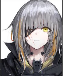 Rule 34 | 1girl, black shirt, eyepatch, girls&#039; frontline, grey hair, highres, irikawa, looking at viewer, m16a1 (boss) (girls&#039; frontline), m16a1 (girls&#039; frontline), mole, mole under eye, multicolored hair, orange hair, parted lips, scar, scar on face, shirt, simple background, solo, streaked hair, upper body, white background, yellow eyes