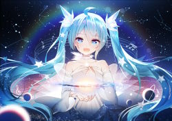 Rule 34 | 1girl, :d, ahoge, aquarius (constellation), aries (constellation), bare shoulders, blue eyes, blue hair, blush, choker, collarbone, commentary request, constellation, crystal, detached sleeves, dress, eighth note, giant, giantess, hand on own chest, hatsune miku, highres, leo (constellation), long hair, long sleeves, looking at viewer, musical note, open mouth, outstretched hand, pisces (constellation), planet, qys3, smile, solo, space, star-shaped pupils, star (sky), star (symbol), strapless, strapless dress, symbol-shaped pupils, taurus (constellation), treble clef, twintails, upper body, very long hair, vocaloid, white choker, white dress