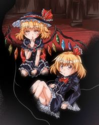 Rule 34 | 2girls, alternate costume, altrouge, between legs, blonde hair, darkness, finger to mouth, flandre scarlet, frilled hat, frilled skirt, frilled sleeves, frills, gothic lolita, hair ribbon, hand between legs, hat, indoors, lolita fashion, multiple girls, pink eyes, ribbon, rumia, short hair, sitting, skirt, touhou, wings, wrist cuffs