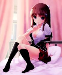 Rule 34 | 1girl, absurdres, bed, black jacket, black socks, blazer, breasts, brown hair, cleavage, curtains, finger to mouth, full body, hair ribbon, highres, hirano katsuyuki, jacket, kneehighs, knees up, long hair, medium breasts, no bra, on bed, open clothes, open shirt, pillow, pleated skirt, purple eyes, red hair, red skirt, ribbon, school uniform, shirt, sitting, skirt, socks, solo, white shirt, window