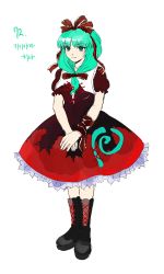 Rule 34 | 1girl, absurdres, arm ribbon, black footwear, boots, bow, breasts, closed mouth, commentary request, cross-laced footwear, derivative work, dress, frilled dress, frilled ribbon, frilled sleeves, frills, front ponytail, full body, green eyes, green hair, hair bow, hair ribbon, happy, highres, kagiyama hina, korean commentary, kuya (hey36253625), long dress, looking at viewer, medium breasts, medium hair, mountain of faith, puffy short sleeves, puffy sleeves, red dress, red ribbon, ribbon, short sleeves, simple background, smile, solo, touhou, translation request, white background