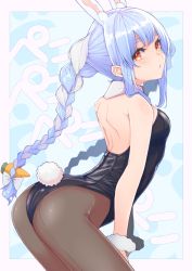 Rule 34 | 1girl, animal ear fluff, animal ears, ass, back, bare shoulders, black leotard, black pantyhose, blue hair, blush, braid, breasts, carrot, carrot hair ornament, detached collar, food-themed hair ornament, fur cuffs, goten (510gensoku), hair ornament, highres, hololive, leotard, long hair, looking at viewer, multicolored hair, pantyhose, playboy bunny, rabbit-shaped pupils, rabbit ears, rabbit girl, rabbit tail, red eyes, shoulder blades, small breasts, solo, symbol-shaped pupils, tail, thick eyebrows, twin braids, two-tone hair, usada pekora, usada pekora (1st costume), virtual youtuber, white hair