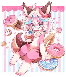 Rule 34 | 1girl, ahoge, animal ears, animal feet, animal hands, animal nose, blue eyes, blue hair, body fur, border, brown fur, brown scrunchie, churro, claws, closed mouth, commission, doughnut, doughnut hair ornament, drop shadow, feet, female focus, flat chest, food, food-themed hair ornament, fox ears, fox girl, fox tail, furry, furry female, hair ornament, hand up, happy, heart, highres, legs, licking lips, looking at viewer, medium hair, multicolored background, multicolored fur, multicolored hair, navel, neck fur, okamori kuo, original, outline, outside border, pawpads, pink fur, pink hair, scrunchie, sidelocks, skeb commission, smile, solo, sprinkles, stomach, streaked hair, striped, striped background, striped fur, tail, thick thighs, thighs, tongue, tongue out, white border, white fur, white hair, white outline, wrist scrunchie