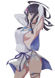 Rule 34 | 1girl, absurdres, ahoge, armpits, arms behind head, arms up, bare shoulders, black hair, blue eyes, blue ribbon, blush, breasts, collarbone, dress, fate/grand order, fate/requiem, fate (series), fundoshi, highres, japanese clothes, jewelry, large breasts, long sleeves, magatama, magatama hair ornament, magatama necklace, medium hair, multicolored hair, necklace, nishizuki shino, pelvic curtain, pink hair, puffy long sleeves, puffy sleeves, ribbon, seigaiha, short dress, sideboob, sideless outfit, sidelocks, solo, streaked hair, thighs, utsumi erice, white dress
