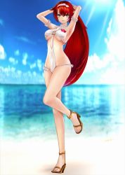 Rule 34 | 1girl, alushe anatolia, armpits, arms behind head, arms up, beach, bikini, blue eyes, breasts, covered navel, full body, green eyes, hairband, heterochromia, highres, long hair, looking at viewer, medium breasts, official art, parted lips, red hair, smile, solo, standing, swimsuit, underboob, yoru no nai kuni, yoru no nai kuni 2