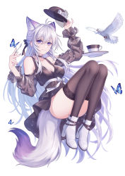 Rule 34 | 1girl, absurdres, animal ear fluff, animal ears, antenna hair, bird, black choker, black dress, black hat, black ribbon, black thighhighs, breasts, bug, butterfly, choker, cleavage, closed mouth, clothing cutout, collarbone, commentary request, convenient leg, dress, floating hair, fox ears, fox girl, fox tail, full body, hair between eyes, hair intakes, hair ribbon, hat, highres, holding, holding clothes, holding hat, insect, kirby d a, long hair, looking at viewer, medium breasts, original, purple eyes, revision, ribbon, see-through, see-through sleeves, short dress, shoulder cutout, silver hair, simple background, smile, solo, tail, thighhighs, unworn hat, unworn headwear, very long hair, white background, white footwear