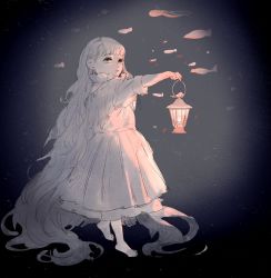 Rule 34 | 1girl, absurdly long hair, barefoot, dress, expressionless, fish, full body, gradient background, holding, holding lantern, lantern, light, limited palette, long hair, magenaiman3, original, parted lips, sketch, solo, surreal, very long hair