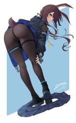 Rule 34 | 1girl, absurdres, amiya (arknights), animal ears, arknights, ass, bent over, black footwear, black jacket, black pantyhose, blue background, blue eyes, blue skirt, blush, brown hair, closed mouth, from behind, full body, heart, heart-shaped pupils, highres, jacket, long hair, long sleeves, looking at viewer, looking back, no panties, pantyhose, signature, skirt, unworn skirt, solo, symbol-shaped pupils, tail, thigh strap, thighs, z.taiga