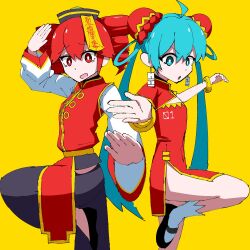 2girls ahoge alternate_costume aqua_eyes aqua_hair atena_fumei bracelet chinese_clothes drill_hair earrings hatsune_miku highres jewelry kasane_teto multiple_girls open_mouth red_eyes red_hair red_trim socks standing standing_on_one_leg synthesizer_v torn_clothes torn_socks twin_drills twintails utau vocaloid white_sleeves white_socks wide_sleeves yellow_background