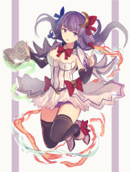 Rule 34 | 1girl, adapted costume, black thighhighs, blunt bangs, breasts, bridal gauntlets, capelet, cleavage, crescent, crescent hair ornament, dress, elbow gloves, fire, full body, gloves, hair ornament, hair ribbon, jitome, miniskirt, multicolored clothes, multicolored dress, nakaichi (ridil), patchouli knowledge, purple dress, purple eyes, purple hair, ribbon, short dress, skirt, solo, striped clothes, striped dress, thighhighs, touhou, triangle mouth