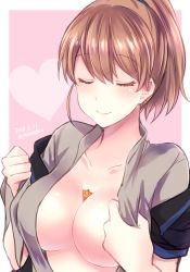 Rule 34 | 1girl, between breasts, black jacket, blue scrunchie, blush, border, breasts, brown hair, cleavage, closed mouth, collarbone, closed eyes, grey shirt, heart, intrepid (kancolle), jacket, kabocha torute, kantai collection, large breasts, medium hair, off shoulder, open clothes, open jacket, open shirt, outside border, pink background, ponytail, purple background, scrunchie, shirt, short sleeves, simple background, size difference, smile, solo focus, white border