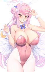 Rule 34 | 1girl, animal ears, bare shoulders, blue archive, blue flower, blush, breasts, cleavage, collarbone, commentary, covered navel, cowboy shot, detached collar, feathered wings, flower, hair bun, halo, highleg, highleg leotard, highres, huge breasts, kuavera, leotard, long hair, looking at viewer, mika (blue archive), pantyhose, pink hair, pink leotard, playboy bunny, rabbit ears, raised eyebrow, simple background, smile, solo, strapless, strapless leotard, thigh gap, thighs, v, white pantyhose, white wings, wings, wrist cuffs, yellow eyes