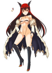 Rule 34 | 1girl, :d, bare shoulders, black choker, black one-piece swimsuit, blush, boots, breasts, choker, coat, color guide, full body, grin, hand on own hip, high heel boots, high heels, horns, knee boots, long hair, long sleeves, medium breasts, monster hunter (series), navel, ohta yuichi, one-piece swimsuit, open clothes, open coat, open mouth, personification, red eyes, revealing clothes, simple background, slingshot swimsuit, smile, solo, standing, stygian zinogre, swimsuit, very long hair, white background