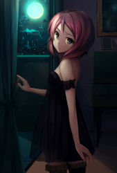 Rule 34 | 10s, 1girl, bare shoulders, black dress, building, cowboy shot, crescent moon, dress, green eyes, looking at viewer, love live!, love live! school idol project, moon, night, nishikino maki, red hair, rods, short hair, solo, window