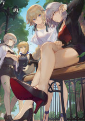 Rule 34 | 4girls, ahoge, alternate costume, artoria pendragon (all), artoria pendragon (fate), bag, belt, black bow, black choker, black footwear, black jacket, black ribbon, black shorts, black tube top, blonde hair, blouse, blue choker, blue dress, blue eyes, blue footwear, blue ribbon, blue sky, blush, bow, braid, breasts, buckle, casual, chair, choker, closed mouth, commentary, crossed arms, crossed legs, day, dress, expressionless, fate/apocrypha, fate/grand order, fate/stay night, fate (series), floating hair, foot focus, full body, gold, green eyes, hair between eyes, hair bow, hair ribbon, tucking hair, hand on thigh, high heels, highres, holding strap, jacket, jacket on shoulders, jeanne d&#039;arc (fate), jeanne d&#039;arc (ruler) (fate), jeanne d&#039;arc alter (avenger) (fate), jeanne d&#039;arc alter (fate), jewelry, lamppost, large breasts, leaning forward, legs, long hair, long sleeves, looking at viewer, mary janes, mashuu (neko no oyashiro), medium breasts, multiple girls, necklace, outdoors, pencil skirt, red soles, red tube top, ribbon, saber (fate), saber alter, shirt, shoe soles, shoes, short hair, shorts, shoulder bag, sidelocks, signature, silver hair, single braid, sitting, skirt, sky, sleeveless, sleeveless dress, smile, strapless, strappy heels, table, thighs, tree, tsurime, tube top, twitter username, very long hair, white jacket, white shirt, wind, yellow eyes
