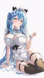 Rule 34 | 1girl, absurdres, ahoge, alternate costume, alternate hairstyle, apron, areola slip, black thighhighs, blue hair, blush, breasts, closed mouth, detached collar, double-parted bangs, dryra1n, embarrassed, empire waist, enmaided, flower, frilled apron, frilled shirt collar, frills, groin, hair between eyes, hair flower, hair flowing over, hair ornament, heart, heart ahoge, highres, hololive, large breasts, legwear garter, long hair, looking at viewer, lying, maid, maid apron, multicolored hair, naked apron, on side, pointy ears, sitting, solo, streaked hair, thighhighs, twintails, twisted torso, very long hair, virtual youtuber, white apron, wrist cuffs, yellow eyes, yokozuwari, yukihana lamy