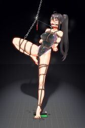 Rule 34 | absurdres, ball gag, bdsm, bondage, bound, broom, collar, competition swimsuit, gag, gagged, hidden (pixiv 46421548), highres, leash, long hair, one-piece swimsuit, ponytail, restrained, saliva, shibari, suspension, swimsuit