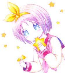 Rule 34 | 00s, 1girl, blue eyes, bow, colored pencil (medium), dutch angle, eating, hair bow, hiiragi tsukasa, leica, looking at viewer, lucky star, purple hair, school uniform, serafuku, simple background, solo, star (symbol), traditional media, white background