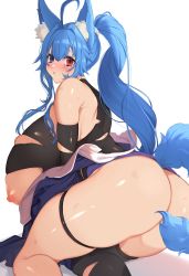 Rule 34 | 1girl, animal ears, ass, bare shoulders, blue eyes, blue hair, blush, breasts, copyright request, from behind, gigantic breasts, hetero, heterochromia, highres, long hair, mole, mole under eye, nipples, ponytail, red eyes, simple background, solo, tears, thigh strap, thighhighs, torn clothes, white background