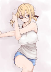Rule 34 | 1girl, absurdres, blonde hair, blue eyes, blush, braid, breasts, exercising, glasses, hair ribbon, highres, kinpatsu-chan (rucchiifu), large breasts, original, ribbon, rucchiifu, short hair, short shorts, shorts, simple background, solo, white background