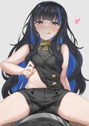 Rule 34 | 1boy, 1girl, :q, absurdres, black eyes, black hair, blue hair, breasts, casual, cleavage, colored inner hair, fate/grand order, fate (series), fujimaru ritsuka (male), heart, heart-shaped pupils, highres, jewelry, long hair, medium breasts, mob the nanana, multicolored hair, neck ring, photoshop (medium), pov, short shorts, shorts, simple background, sleeveless, solo focus, spread legs, symbol-shaped pupils, tenochtitlan (fate), tenochtitlan (second ascension) (fate), tongue, tongue out, two-tone hair, undressing
