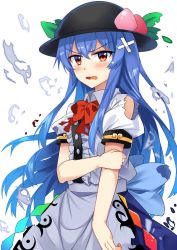 Rule 34 | 1girl, arm grab, bandaid, bare shoulders, black hat, blouse, blue hair, blue skirt, blush, bow, bowtie, center frills, commentary request, cowboy shot, e.o., food, frills, fruit, grabbing own arm, hair between eyes, hat, highres, hinanawi tenshi, leaf, long hair, looking at viewer, one-hour drawing challenge, open mouth, peach, puffy short sleeves, puffy sleeves, red bow, red bowtie, red eyes, shirt, short sleeves, sidelocks, simple background, skirt, solo, tears, torn bow, torn clothes, torn shirt, touhou, v-shaped eyebrows, very long hair, white background, white shirt, wing collar
