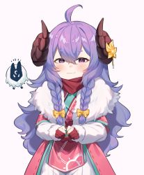 Rule 34 | 1girl, absurdres, ahoge, bad id, bad twitter id, bow, braid, closed mouth, fingerless gloves, flower, fur trim, gloves, grey background, hair between eyes, highres, horns, kindred (league of legends), lamb (league of legends), league of legends, long hair, official alternate costume, pink eyes, purple hair, red gloves, scarf, short eyebrows, simple background, smile, spirit blossom kindred, useq1067, wolf (league of legends), yellow bow, yellow flower