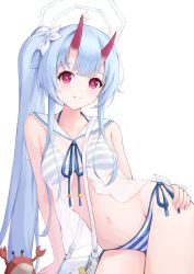 Rule 34 | 1girl, arm support, babydoll, bag, bare arms, bikini, blue archive, blue hair, blunt bangs, blush, breasts, chise (blue archive), chise (swimsuit) (blue archive), closed mouth, evanstan, flower, groin, hair flower, hair ornament, halo, halterneck, hand on own thigh, highres, horns, leaning to the side, long hair, looking at viewer, navel, red eyes, red horns, sailor collar, see-through, shoulder bag, side-tie bikini bottom, side ponytail, simple background, sitting, small breasts, smile, solo, stomach, string bikini, striped bikini, striped clothes, swimsuit, two-tone bikini, very long hair, white background, white flower, white sailor collar
