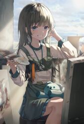 Rule 34 | 1girl, apron, blue eyes, blue skirt, brown hair, canvas (object), highres, holding, holding palette, long hair, original, outdoors, paint on fingers, paint splatter, paint splatter on face, paintbrush, palette (object), pleated skirt, ruda (ruda e), skirt, smile, solo, stuffed animal, stuffed toy, sweater, teddy bear, white sweater