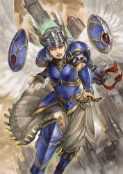 Rule 34 | 1girl, armor, armored dress, blue armor, braid, castle, feathers, feet out of frame, flying, grey hair, helmet, holding, lenneth valkyrie, long hair, looking at viewer, low-braided long hair, low-tied long hair, open mouth, shoulder armor, solo, sword, valkyrie, valkyrie profile (series), very long hair, weapon, winged helmet, wings