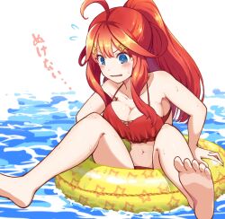 Rule 34 | 1girl, @ @, aged down, arm support, bare arms, bare legs, barefoot, bikini, blue eyes, blush, breast press, breasts, breasts squeezed together, bright pupils, cleavage, collarbone, commentary request, feet, flying sweatdrops, go-toubun no hanayome, hair between eyes, hair ornament, hyoe (hachiechi), innertube, large breasts, long hair, nakano itsuki, navel, open mouth, ponytail, red bikini, red hair, shiny skin, sidelocks, simple background, soles, solo, star (symbol), star hair ornament, star print, stuck, sweatdrop, swim ring, swimsuit, toes, translated, v-shaped eyebrows, very long hair, water, wavy hair, wavy mouth, wet, white background, white pupils, yellow innertube